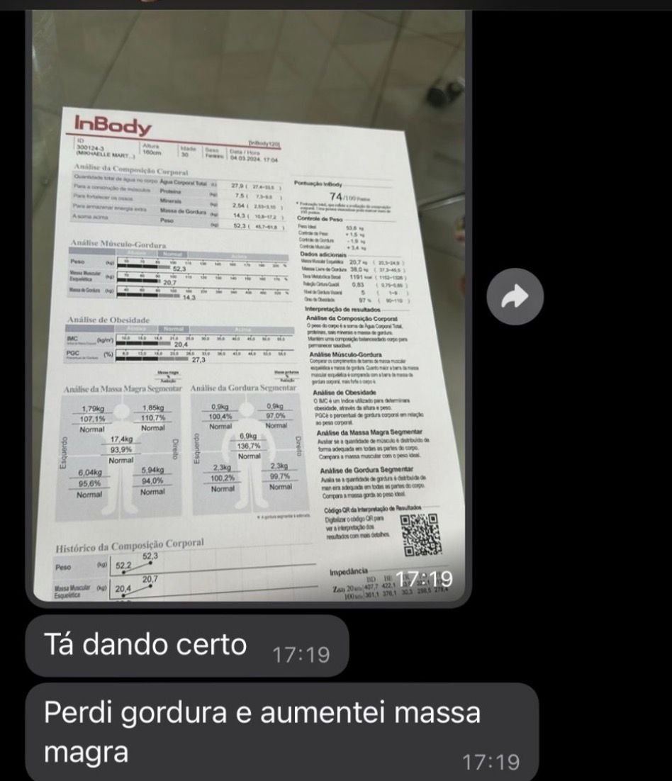 Feedback real de aluno enviado pelo WhatsApp - perda de gordura e ganho de massa magra